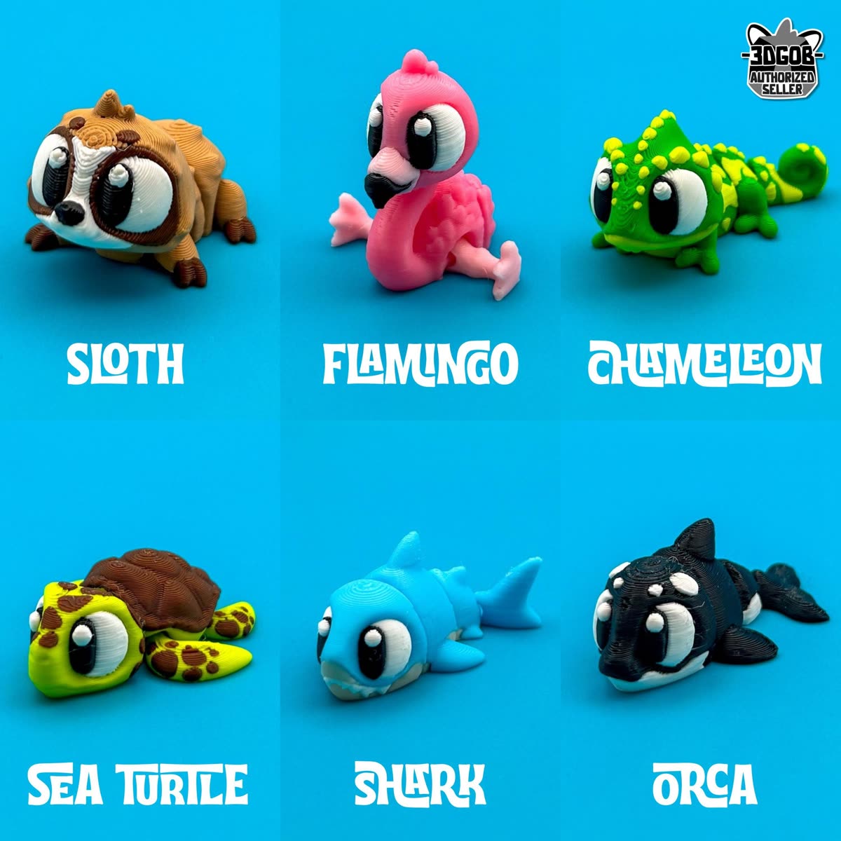 Six flexi animals labeled sloth, flamingo, chameleon, sea turtle, shark and orca on a blue background