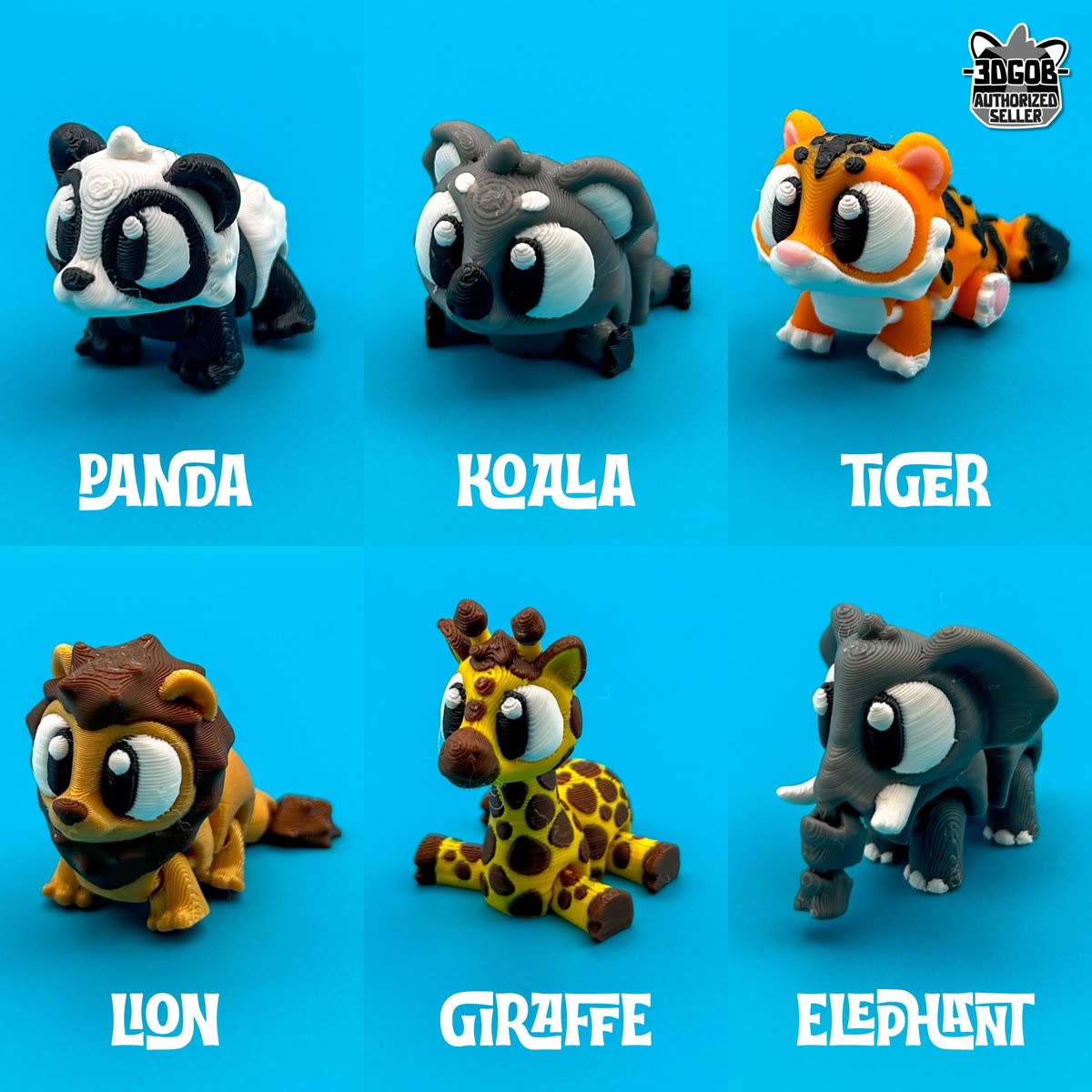 Six flexi animals labeled panda, koala, tiger, lion, giraffe and elephant on a blue background
