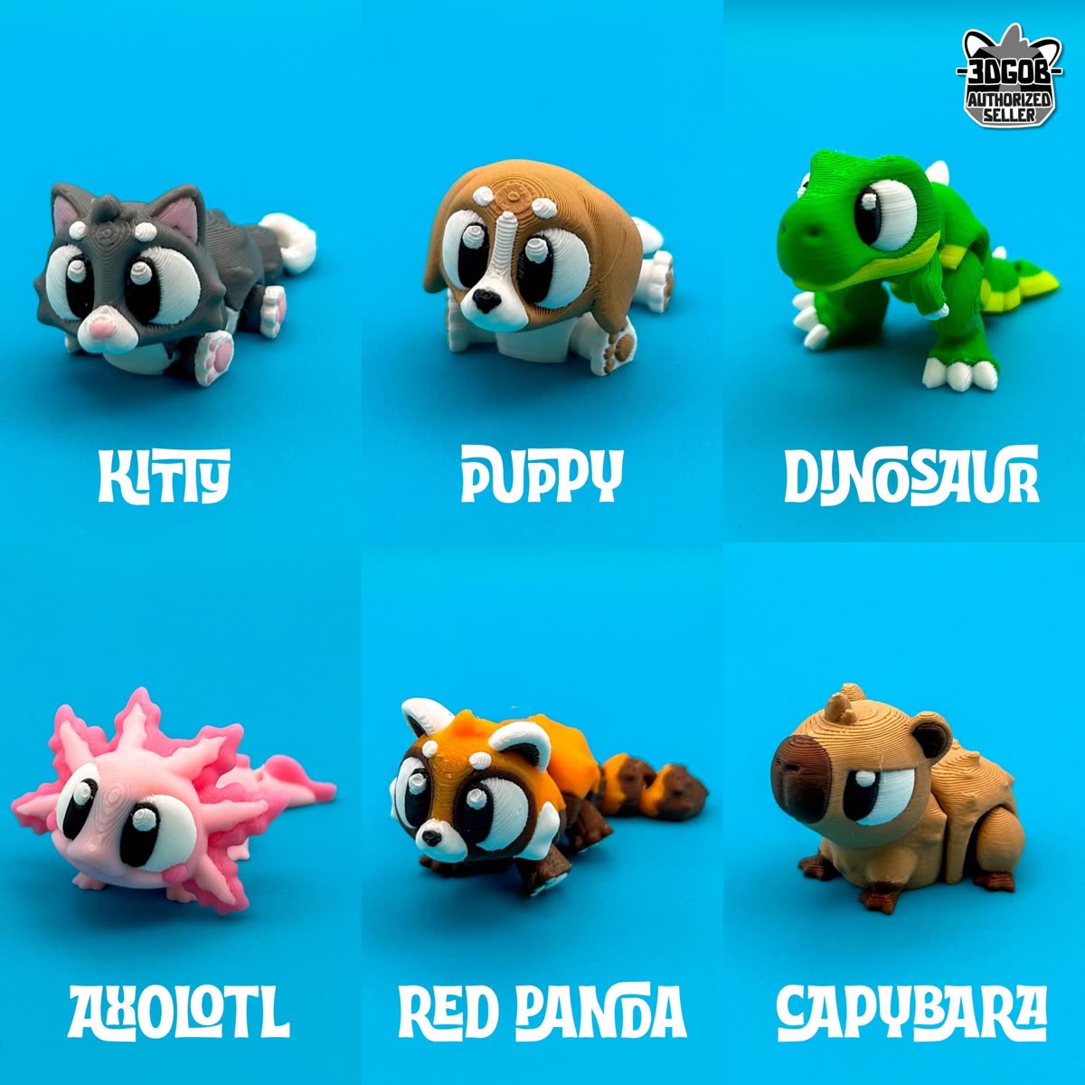 Six flexi animals labeled kitty, puppy, dinosaur, axolotl, red panda and capybara on a blue background