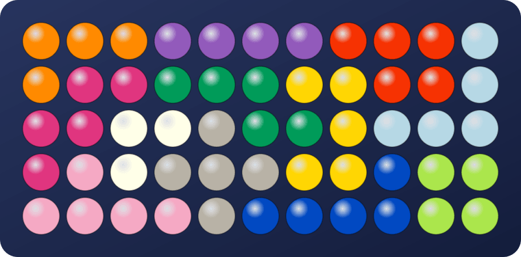 Solved Kanoodle tray: all 12 colored pieces filling the 5 by 11 board with no gaps